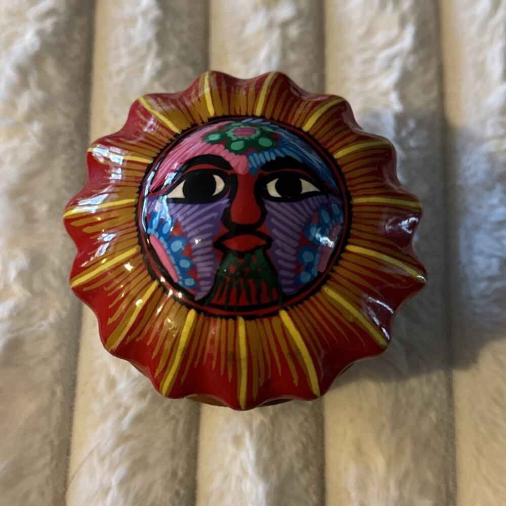 Mexican Folk Art CELESTIAL Sun TRINKET BOX Hand Painted Pottery 3.5" 90s Whimsy
